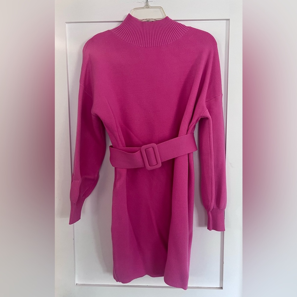YELLOW The Label Pink Mock Neck Mini Sweater Dress with Self Belt